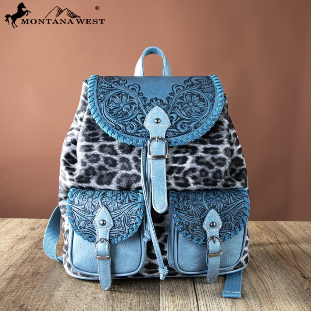 Montana West Tooled PU Leather Blue Leopard print Backpack Western Bag